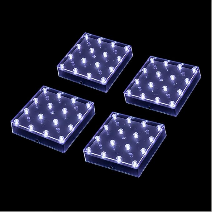 Simplelight 5 Inch Square LED Light Base - Perfect for Glass Art, Ideal Led Display for Vases, Centerpieces-AA Batteries Included (5inch Square Vase Base Light, White), Set of 4