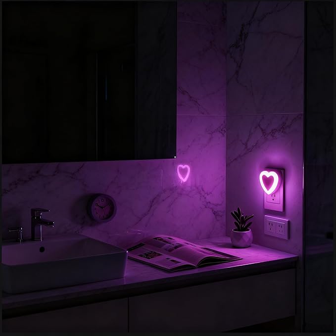 LED Night Lights Plug in(4-Pack), Dusk to Dawn Sensor Auto-On/Off, Cute Nightlight Heart Shaped 0.5W for Bedroom, Bathroom, Kids Room, Nursery, Hallway (Pink)