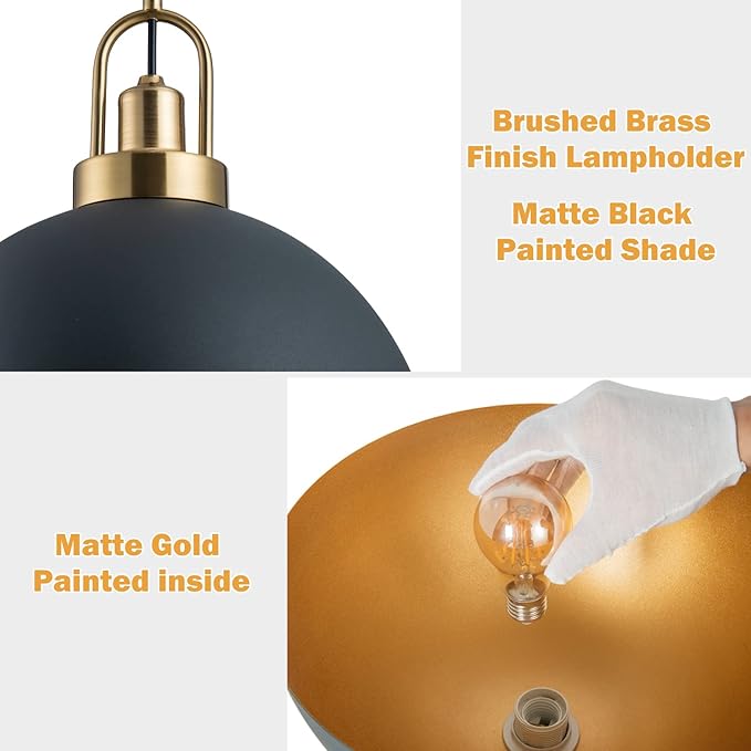 Vintage Pendant Light 13.58 "Industrial Pendant Light Dome Black and Gold line Length 78.74" for Kitchen Island, Dining Room, Bedroom,Farmhouse Pendant Lighting