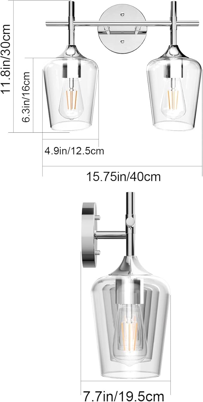Ralbay Chrome Bathroom Light Fixtures 2-Lights with Clear Glass Modern Wall Mount Lighting Industrial Farmhouse Bathroom Vanity Lights Wall Sconce Chrome