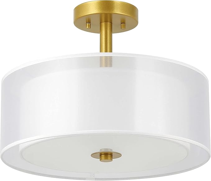 XiNBEi Lighting Drum Semi Flush Mount Ceiling Light, 3 Light Semi Flush Light, 16" Close to Ceiling Light with Fabric Shade Gold Brass Finish for Living Room & Bedroom XB-SF1194-GB