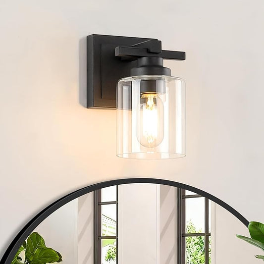 1 Light Modern Bathroom Light Fixtures Over Mirror, Black Vanity Lights for Bathroom Wall Sconces with Clear Glass Shades, E26 Socket (Bulbs Not Included)