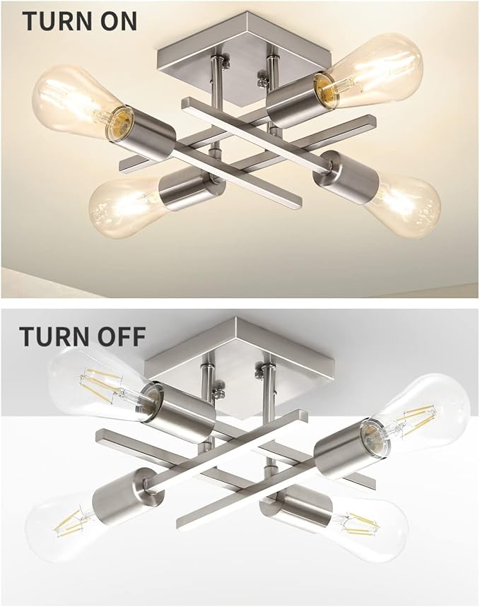 4-Light Semi Flush Mount Ceiling Light, Modern Brushed Nickel Close to Ceiling Light Fixtures, Easy Assembled, House Indoor Ceiling Lights for Bedroom Living Room Entryway