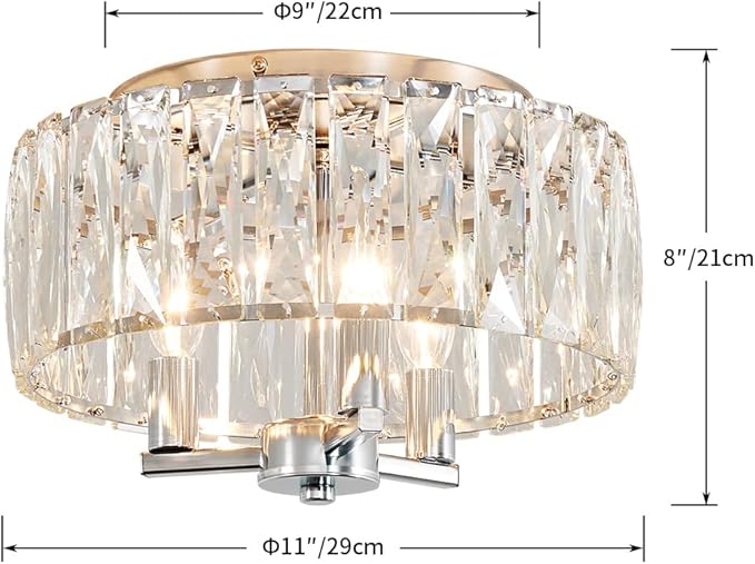 AGV LIGHTING CL002C K9 Crystal Flush Mount Ceiling Light Fixture, Perfect for Living Room, Bedroom, Dining Room, Chrome Finish