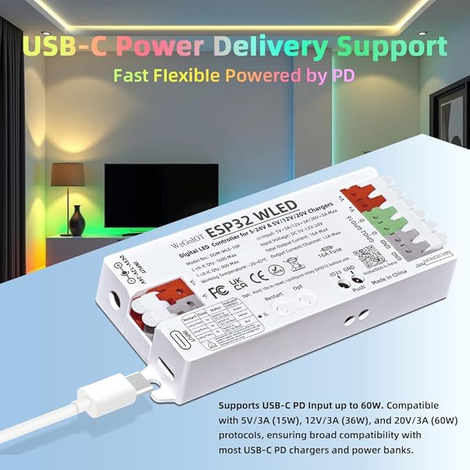 ESP32 WLED Controller with 16A Fuse for 5V-24V LED Strip Dynamic RGB IC DIY Port WiFi App Control Easy Wiring FCOB Addressable Strip Light (DOM-WLE-10P)