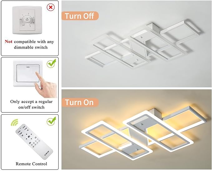 Jaycomey Dimmable Ceiling Light for Living Room,4 Squares Modern LED Ceiling Lamp with Remote Control,80W Acrylic Flush Mount Ceiling Light Fixture for Dining Room Bedroom Kitchen(White)