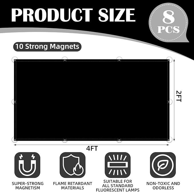 ANGSYLTH 8 Pcs Fluorescent Light Covers - 4 x 2 Feet Magnetic Light Filters for Ceiling Lights, Classroom, Office, Hospitals, Home (Black)