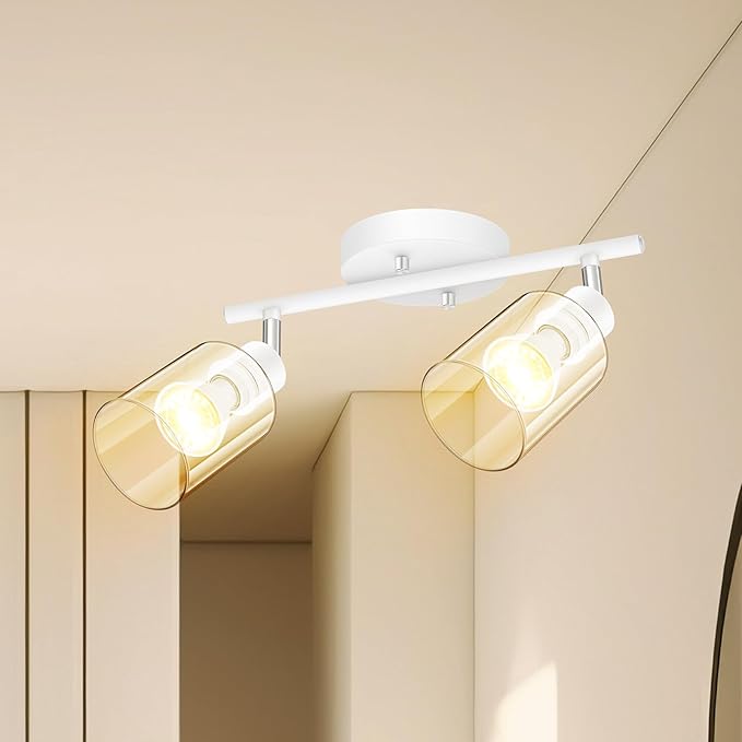 BoostArea 2-Light Bathroom Light Fixtures, White Modern Vanity Wall Lights with Clear Glass Shade, Flexibly Ceiling Light for Mirror Kitchen Living Room Hallway Cabinet Porch