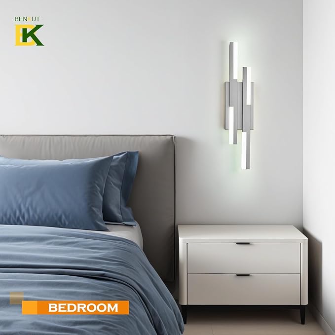 Benkut Modern LED Wall Sconce Silver Remote Wall Light Fixtures for Bathroom, Dimmable Vanity Light Indoor LED Remote Wall Sconce for Bedside Bedroom Living Dining Room (1 Pack 3000-6500K 19.7inch)