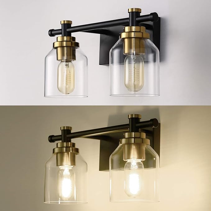 SOLFART Vintage 2 Lights Wall Lighting Bathroom Vanity Light Vintage Black Brass Sconce Light Fixtures Black Metal with Clear Glass