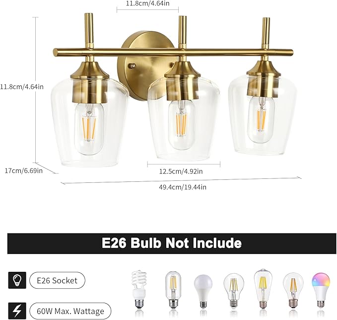 Bathroom Vanity Light Fixtures, 3-Lights Over Mirror Modern Vanity Lighting with Clear Wine Glass Shade Wall Lamp for Bedroom Hallway Living Room (Gold, 3-Light)