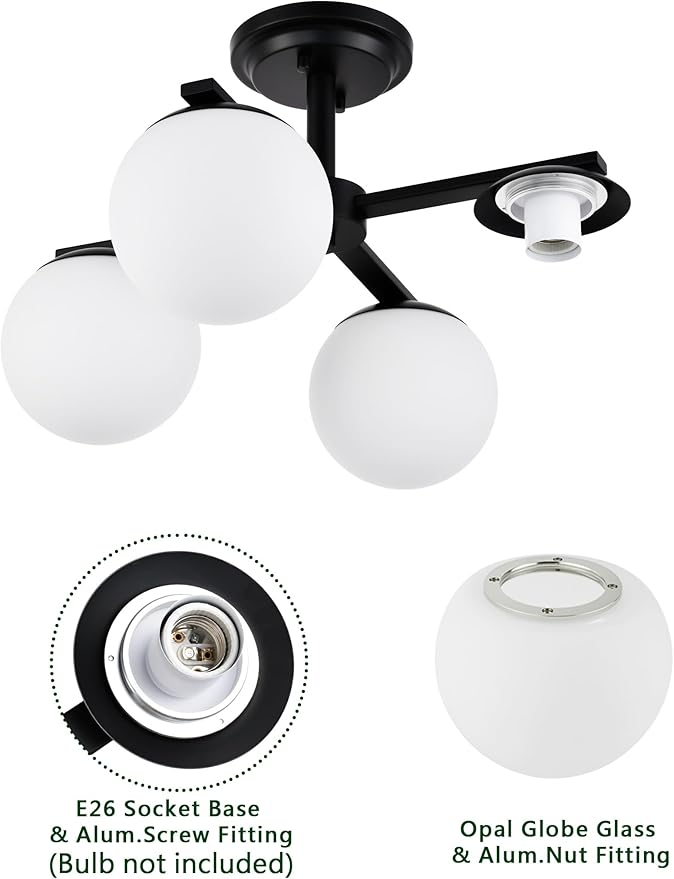 Matte Black Semi Flush Mount Ceiling Light, 4-Ligh Modern Kitchen Lighting Fixtures with Globe Glass Shade, Hallway Light Fixtures Ceiling Mount for Dining Room, Living Room, Bedroom, Foyer