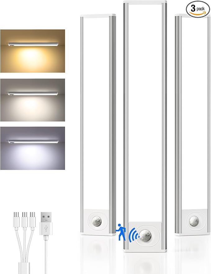 Under Cabinet Lighting Wireless, Rechargeable Battery Motion Sensor Light Indoor, LED Closet Lights USB Charging, 3 Color Dimmable Under Cabinet Lights for Kitchen, Cabinet, Wardrobe (3 Pcs) 12in