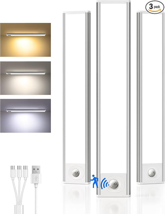 Under Cabinet Lighting Wireless, Rechargeable Battery Motion Sensor Light Indoor, LED Closet Lights USB Charging, 3 Color Dimmable Under Cabinet Lights for Kitchen, Cabinet, Wardrobe (3 Pcs) 12in
