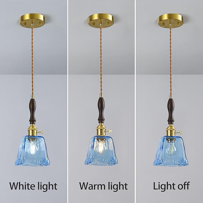 Blue Glass Vintage Pendant Light Height Adjustable Handmade Glass Pendant Lights Kitchen Island Gold Hanging Light Fixture with Wood Handle for Bedroom Dining Room Hotel (1 Pack)