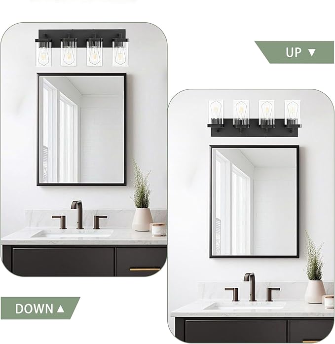 4-Light Bathroom Lighting Fixtures over Mirror, Matte Black Vanity Lights with Square Transparent Glass Shade. Modern Bathroom Vanity Light for Mirror Kitchen, Living Room, Gallery, Hallway