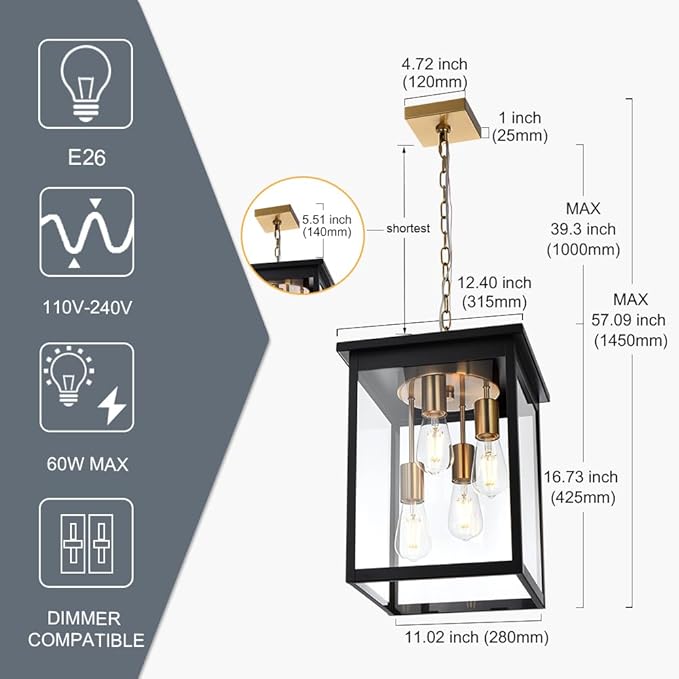 TODOLUZ Outdoor Pendant Light Fixtures, 4-Lights Large Outdoor Ceiling Hanging Lanterns in Black & Brushed Brass, Farmhouse Exterior Chandelier for Front Door Entry Patio