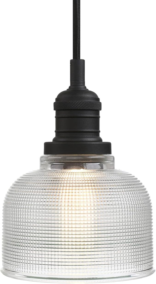 Yosoan Indoor Vintage Pendant Light with Striped Shade, 1-Light Hardwired Edison Vanity Fixture Industrial Semi Flush Mount Lamp Bowl Texture Glass for Kitchen Table Bar Island(Black)