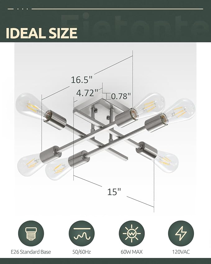 6-Light Semi Flush Mount Ceiling Light Fixture, Industrial Brushed Nickel Close to Ceiling Lighting, Modern E26 Base Sputnik Chandelier Ceiling Lamp for Kitchen Bedroom Living Room Hallway