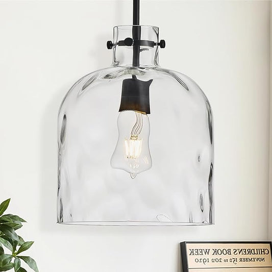 Modern Black Glass Pendant Light – 10-Inch Wide Single Dome Light Fixture, 1-Light E26 Ceiling Hanging Lamp for Kitchen Island, Dining Room, Hallway