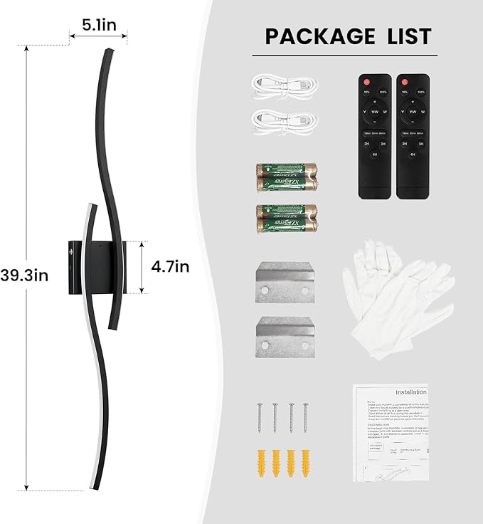 WOSHITU Black Battery Operated Wall Sconces: 39 Inch Rechargeable Sconce Wall Lighting Set of Two with Remote & 3CCT Dimmable, Modern Cordless Wall Light for Bedroom Living Room Hallway Bathroom
