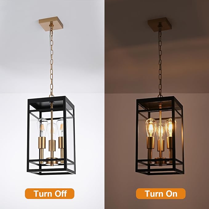 VINLUZ 3-Light Outdoor Pendant Light with Adjustable Chain, 16" Black and Gold Finish Outdoor Hanging Light Fixture, Exterior Hanging Lantern Chandelier for Entryway Patio Garden