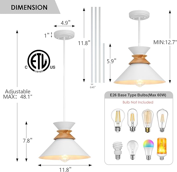 12 Inch White Pendant Lights Kitchen Island Hanging Light Fixtures Adjustable Rod Height Pendant Lighting for Dining Room 3 Pack