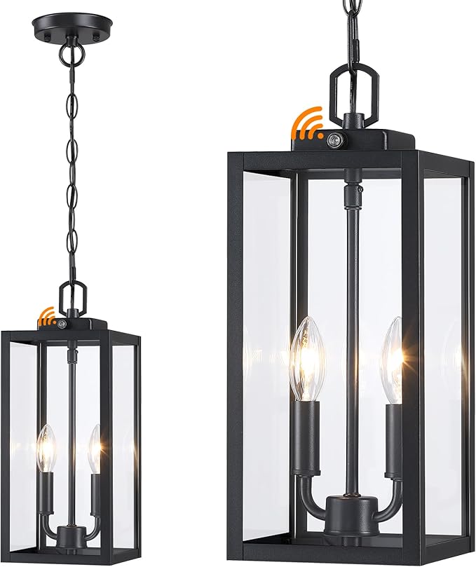 Large Outdoor Pendant Light 2-Light, 15'' Dusk to Dawn Modern Black Metal Outside Chandelier Exterior Hanging Fixture Ceiling Mount with Clear Glass for Front Porch Entrance Foyer Entryway, 1 Pack