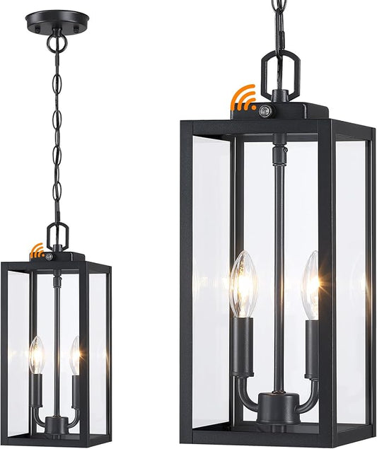 Large Outdoor Pendant Light 2-Light, 15'' Dusk to Dawn Modern Black Metal Outside Chandelier Exterior Hanging Fixture Ceiling Mount with Clear Glass for Front Porch Entrance Foyer Entryway, 1 Pack