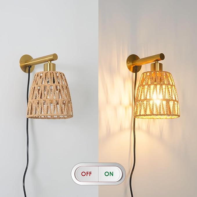 Boho Plug in Wall Sconce Set of 2, Gold Plug Sconces Set of 2, Rattan Sconce Light Fixture with 5.9FT On/Off Switch Cord, Farmhouse Wall Mounted Light for Bedroom Living Room Reading Hallway
