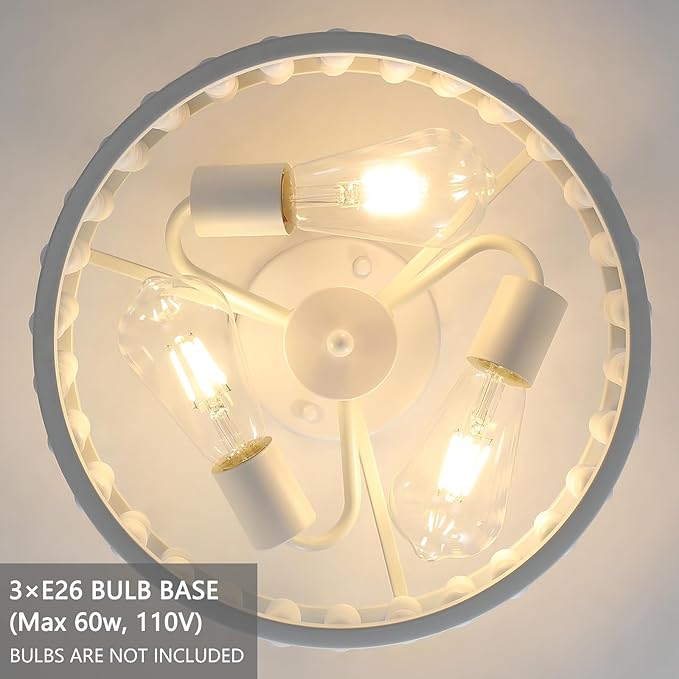 Luupyia White Beaded Boho Ceiling Light 3Lights, 12.79inches Wooden Bead Ceiling Light Fixture Mini Bohemian Chandelier Coastal Semi Flush Mount Overhead Lighting for Bedroom Hallway, E26