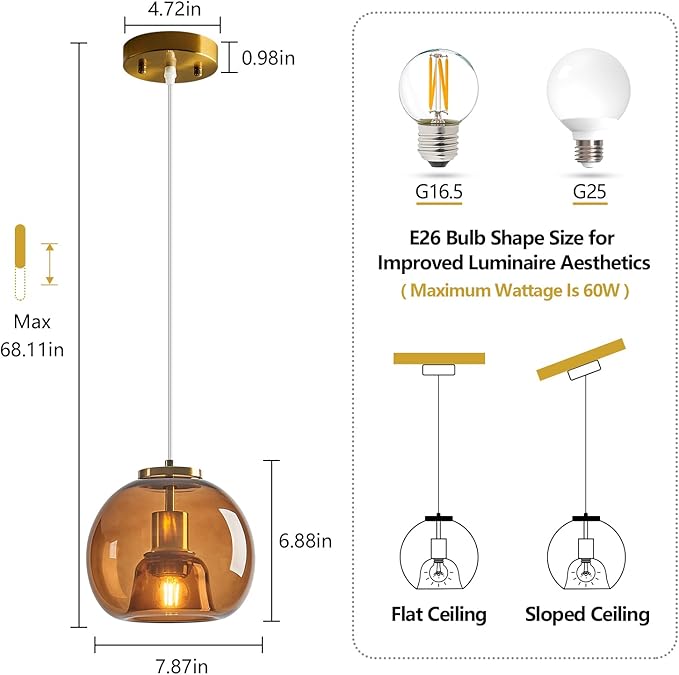 Brown Glass Pendant Lights Kitchen Island Gold Hanging Light Fixture Glass Globe Pendant Light Modern Pendant Lighting for Kitchen Island Bedroom Dining Room (7.87", 3 Pack)