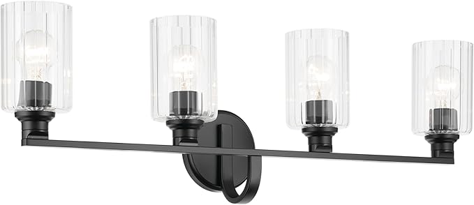 Kichler Gioe 4-Light Bathroom Vanity Light Fixture with Clear Fluted Glass in Black, Modern Wall Mount Over Mirror Lighting for Powder Room (32.25 x 10.5 x 6.75 in), 55227BKFLU