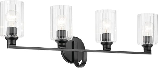 Kichler Gioe 4-Light Bathroom Vanity Light Fixture with Clear Fluted Glass in Black, Modern Wall Mount Over Mirror Lighting for Powder Room (32.25 x 10.5 x 6.75 in), 55227BKFLU