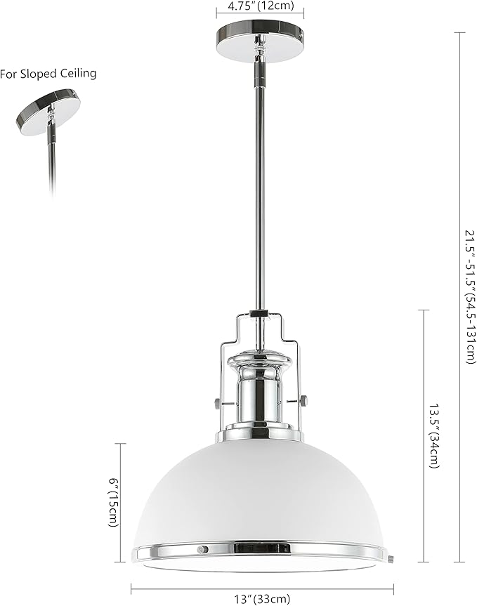 JONATHAN Y 13" Chrome/White Modern Industrial Iron LED Dome Pendant Light, Adjustable Hanging Fixture for Kitchen Island or Entryway, Black Metal Shade, LED Bulb Included (JYL9536C)