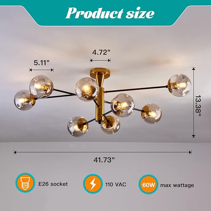 hesoge 8 Light Sputnik Semi Flush Mount Ceiling Light Fixture Mid Century Modern Chandelier with Glass Globe Black Gold Ceiling Lighting for Dinning Room Farmhouse Kitchen Bedroom Living Room