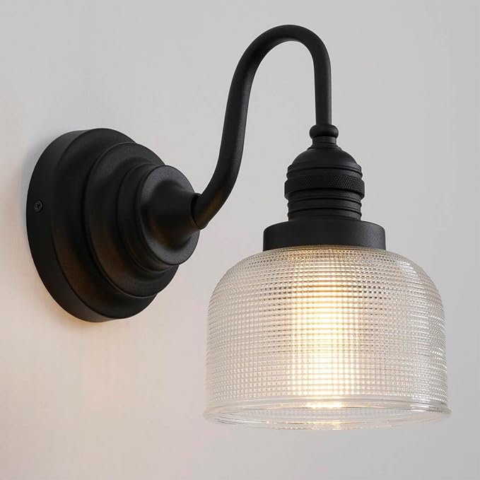 Vintage Wall Sconce Light Black Bathroom Vanity Light with Clear Checkered Glass Shade Hardwire Sconce Indoor Farmhouse Wall Lamp Fixture for Bathroom Mirror Living Room Bedroom Kitchen