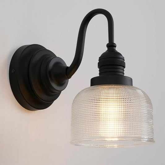 Vintage Wall Sconce Light Black Bathroom Vanity Light with Clear Checkered Glass Shade Hardwire Sconce Indoor Farmhouse Wall Lamp Fixture for Bathroom Mirror Living Room Bedroom Kitchen
