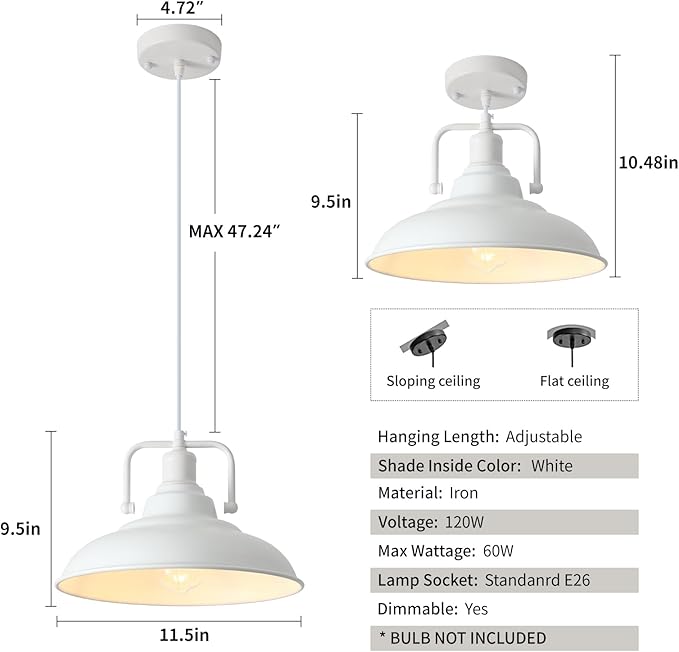 Farmhouse Pendant Light, 12.5inch, 3 Packs- White Kitchen Pendant Lights, Industrial Pendant Light, Pendant Lights Kitchen Island, Pendant Light for Bedroom, Office, Kichen Sink, Library