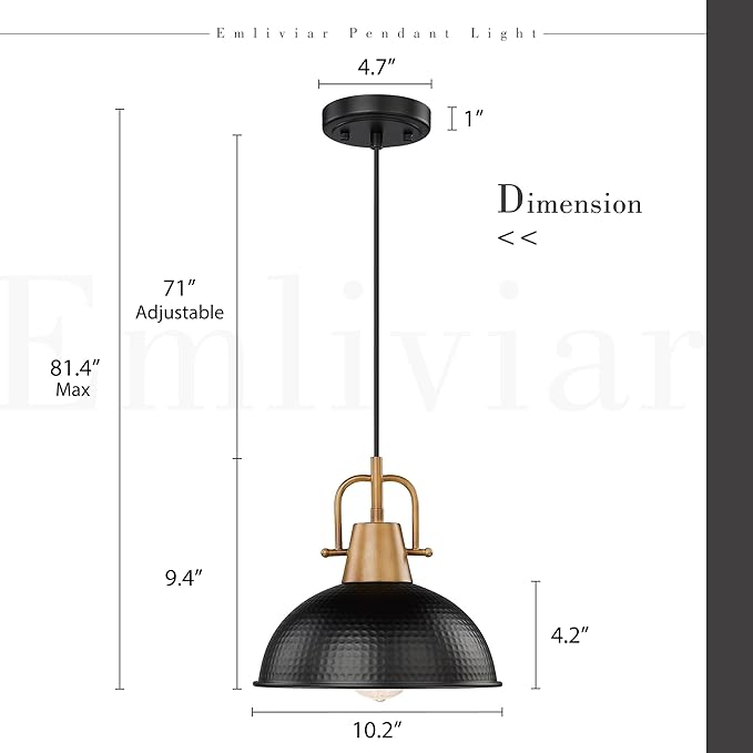 Emliviar 10.2 Inch 1-Light Farmhouse Pendant Light, Modern Pendant Lighting for Kitchen Island, Hammered Metal Dome Shade in Black Finish, GE269MIL BK+WD