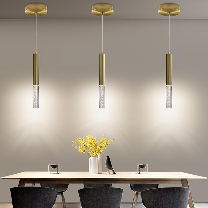 3 Pack Gold Linear LED Pendant Lights, Modern Minimalist Hanging Light Fixtures, Bubble Acrylic, 3 Color 3000K/4500K/6500K, Ceiling Chandeliers Lights for Kitchen Island, Dining Room, Bedroom, Bar