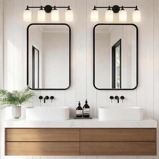 4-Light Bathroom Light Fixtures,Matte Black Bathroom Vanity Light Over Mirror with Cream White Glass Shade,Modern Farmhouse Wall Sconces Lighting for Bedroom Cabinet Kitchen Living Room