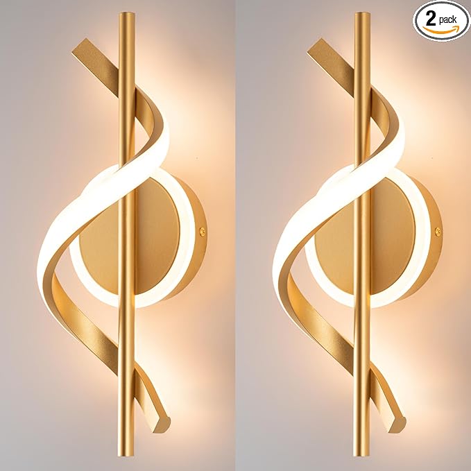 EIDISUNY 2Pack LED Wall Sconces Indoor, 12W LED Wall Mount Lights, Modern Spiral Wall Lamp, 3000K Wall Light Fixture for Stairs, Living Room, Bedroom, Aisle, Hallway (Warm White, Gold)