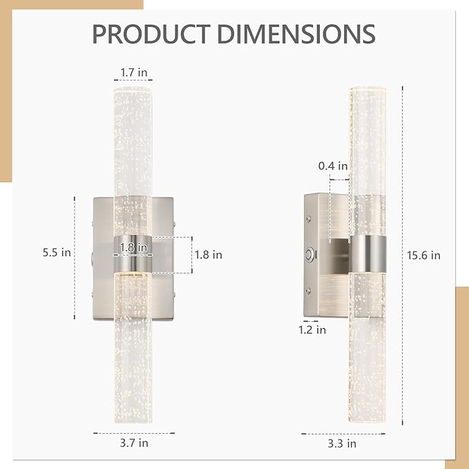 Brushed Nickel Battery Operated Wall Sconces Set of 2, 20000mAh Rechargeable Wall Light with Remote Control, 3000K-6000K Dimmable LED Wireless Sconces for Bedroom, Living Room, 15.6 Inch