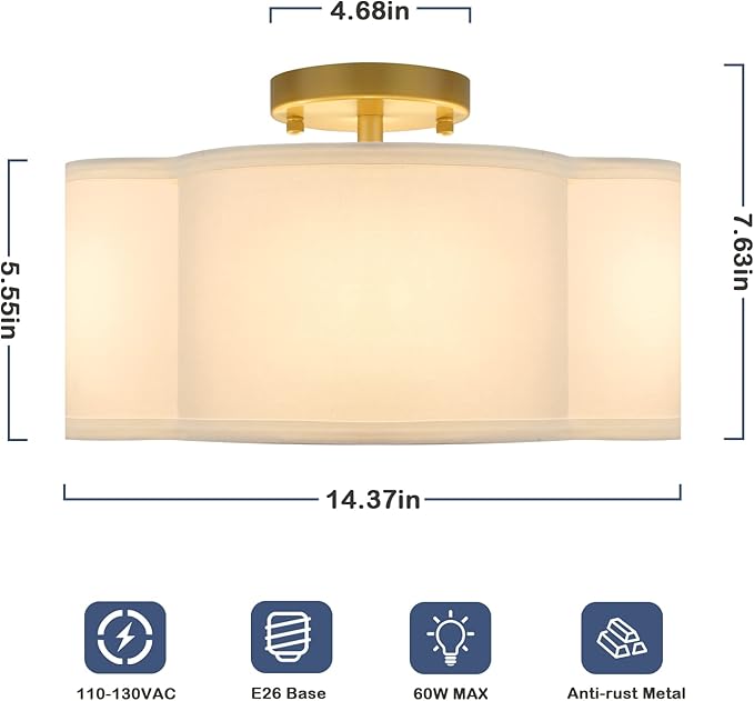 4-Light 14.4'' Semi Flush Mount Ceiling Light Fixture, Gold Modern Close to Ceiling Lamp with White Fabric Shade, Farmhouse Bright Lighting Brass Finish for Nursery Kids Room Bedroom Hallway Entryway