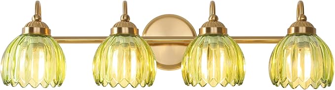 Vintage Bathroom Light Fixtures, Brass Vanity Lights with Green Tulip Glass Shade, Vanity Sconces for Bathroom Bedroom Living Room Hallway, 4-Light
