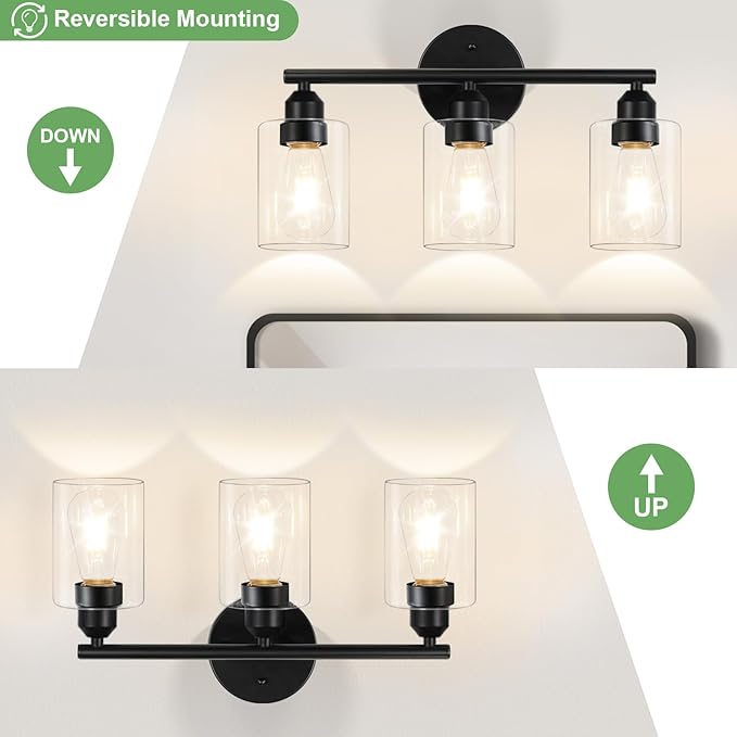 3-Light Bathroom Light Fixtures, 17.3" Black Modern Vanity Light for Bathroom Mirror, Glass Shade, Kitchen, Living Room, Bath, Metal