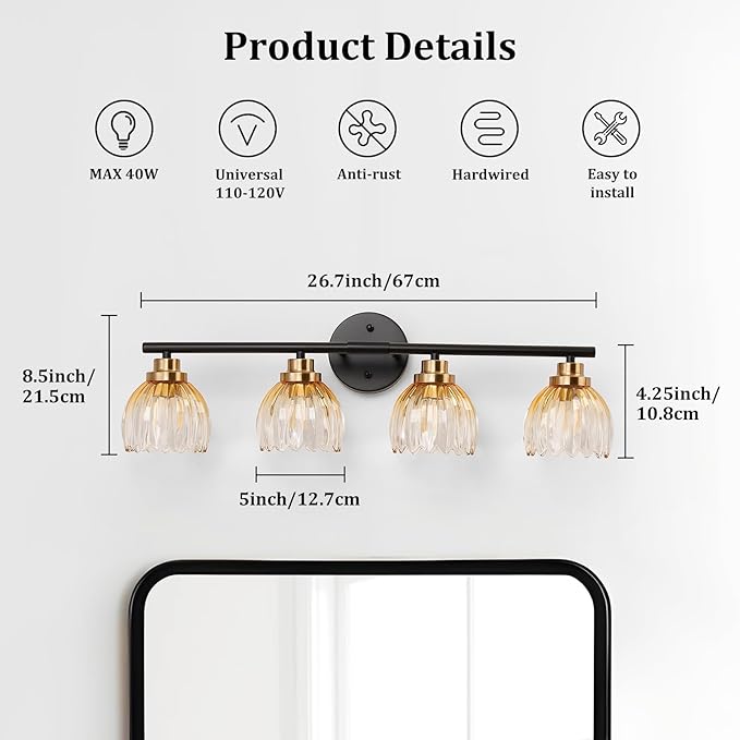 TALOYA Bathroom Vanity Light Fixtures, 4-Light Black and Gold Wall Lights for Mirror with Gradient Amber Tulip Glass Shades, Over Sink Lighting for Bedroom, Living Room, Hallway