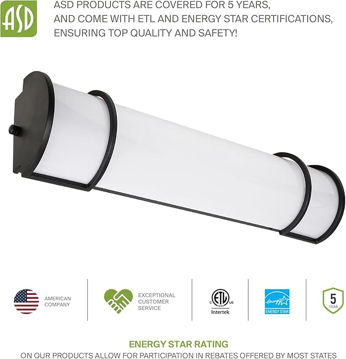 ASD LED 36" Vanity Flush Mount Light Fixture, Linear Bathroom Lighting Bar | 3CCT, Dimmable, Energy Star, ETL Listed | 30W 2650LM 3000-5000K 120V | Long Bath Wall Sconce Over Mirror | Black, 2 Pack