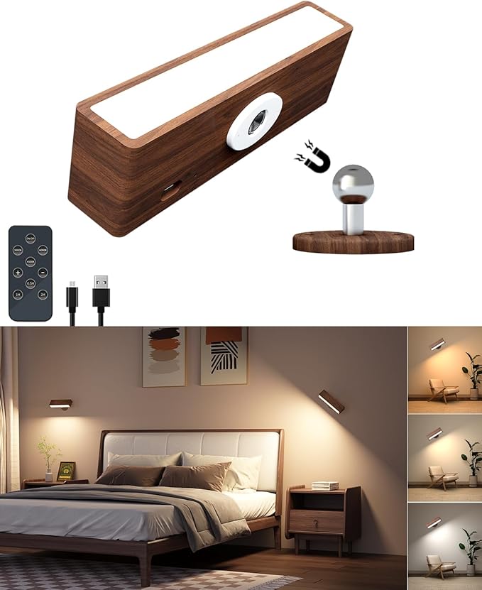 DetarZinLED Wooden Wall Lights Battery Operated with Remote,Rechargeable Wall Sconce for Bedroom with 3 Color Temperature, Magnetic, Stick-On, Dimmable Wall Reading Lights (Walnutwood, 1 Pack)